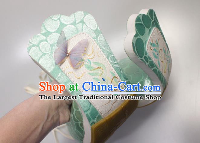 China Handmade Light Green Brocade Shoes Traditional Tang Dynasty Princess Shoes Classical Painting Orchids Shoes