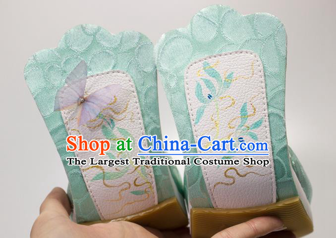 China Handmade Light Green Brocade Shoes Traditional Tang Dynasty Princess Shoes Classical Painting Orchids Shoes