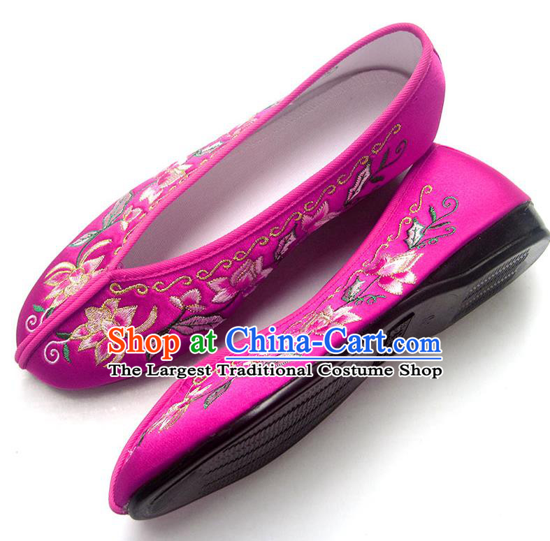 China National Shoes Traditional Rosy Satin Shoes Embroidered Flowers Shoes
