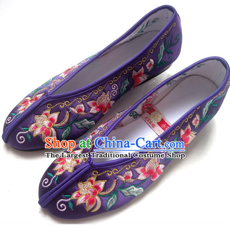 China Traditional Xiu He Purple Satin Shoes Embroidered Flowers Shoes National Wedding Shoes
