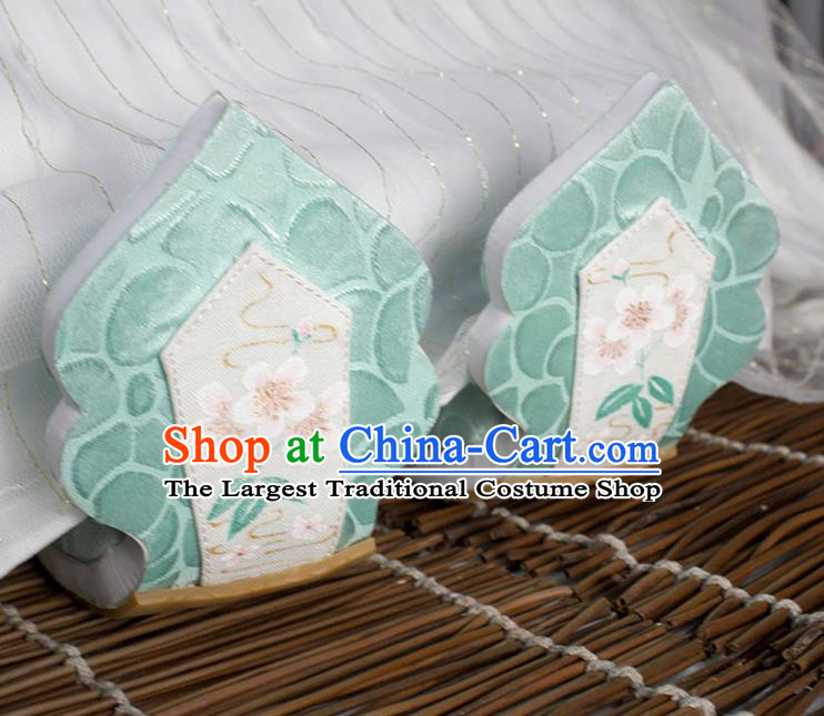 China Handmade Painting Peach Blossom Shoes Traditional Tang Dynasty Hanfu Shoes Classical Green Brocade Shoes