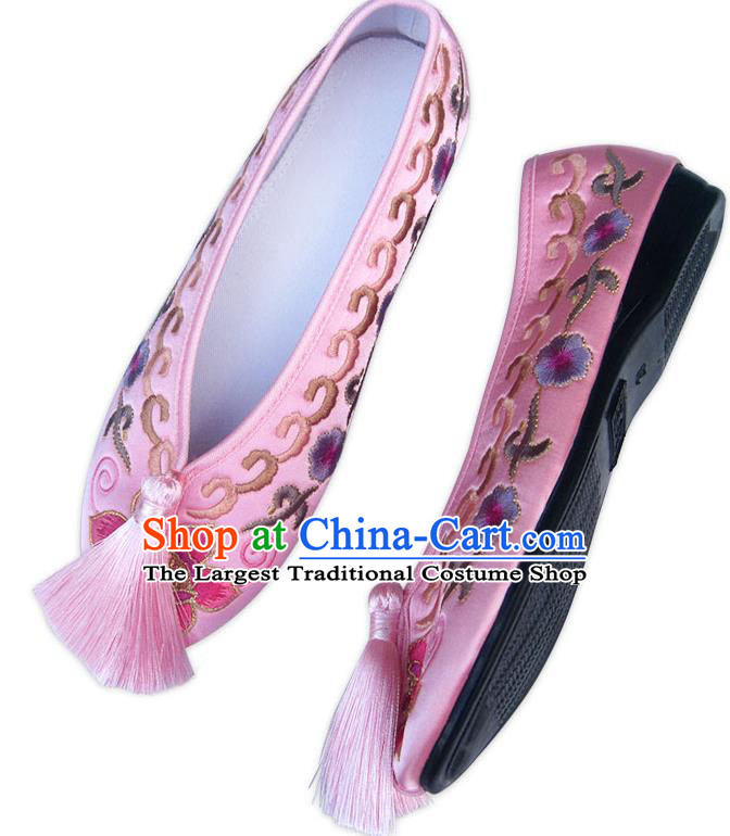 China Traditional Wedding Shoes National Women Shoes Embroidered Plum Blossom Pink Satin Shoes