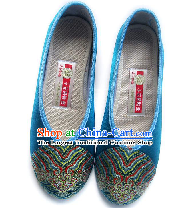 China National Women Shoes Embroidered Blue Satin Shoes Traditional Wedding Bride Shoes
