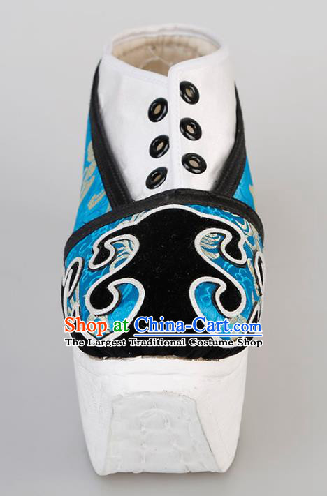 Chinese Traditional Beijing Opera Niche Shoes Handmade Ancient Scholar Blue Brocade Shoes