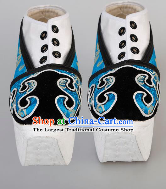 Chinese Traditional Beijing Opera Niche Shoes Handmade Ancient Scholar Blue Brocade Shoes