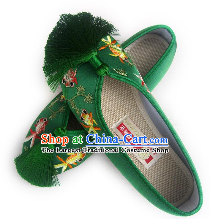 China Embroidered Goldfish Shoes National Shoes Traditional Green Satin Shoes