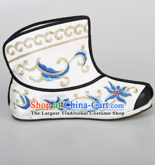 Chinese Handmade Embroidered White Boots Traditional Beijing Opera Martial Arts Men Shoes