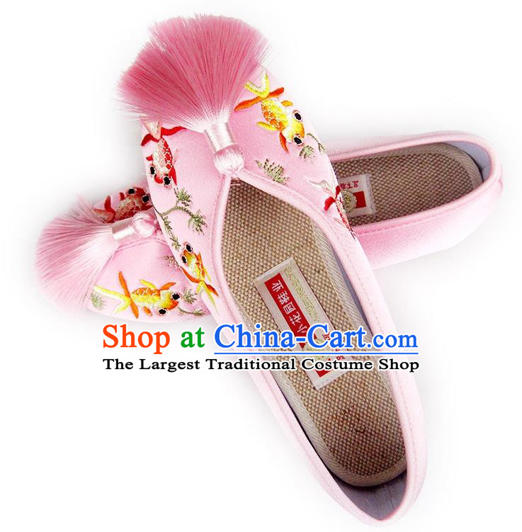 China Traditional Pink Satin Shoes Embroidered Goldfish Shoes National Shoes