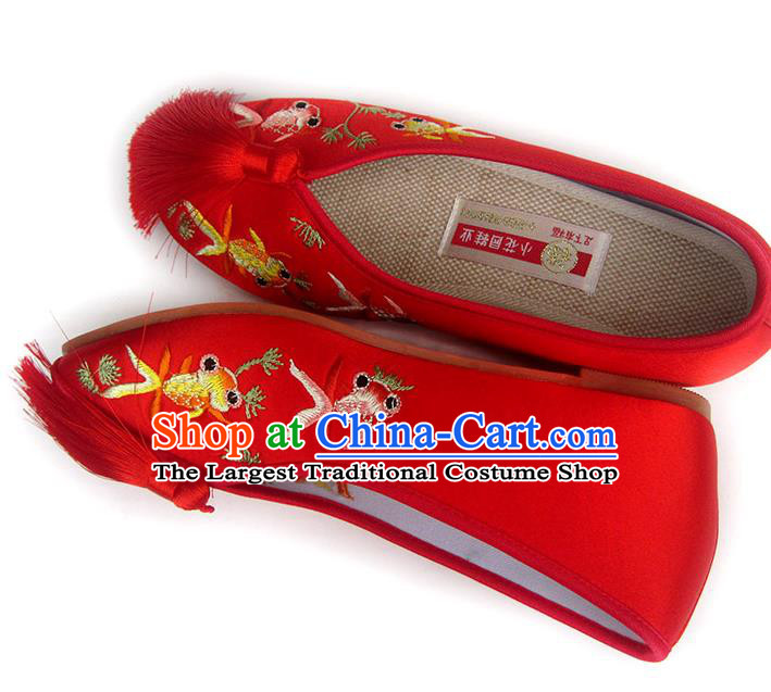 China Traditional Red Satin Shoes Embroidered Goldfish Shoes National Wedding Shoes