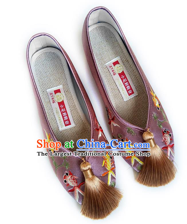 China National Wedding Shoes Traditional Lilac Satin Shoes Embroidered Goldfish Shoes