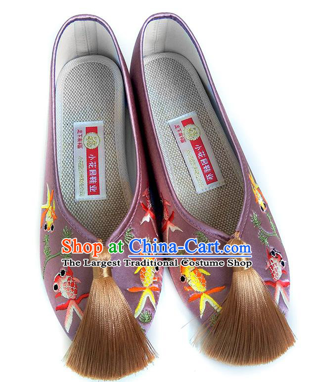 China National Wedding Shoes Traditional Lilac Satin Shoes Embroidered Goldfish Shoes