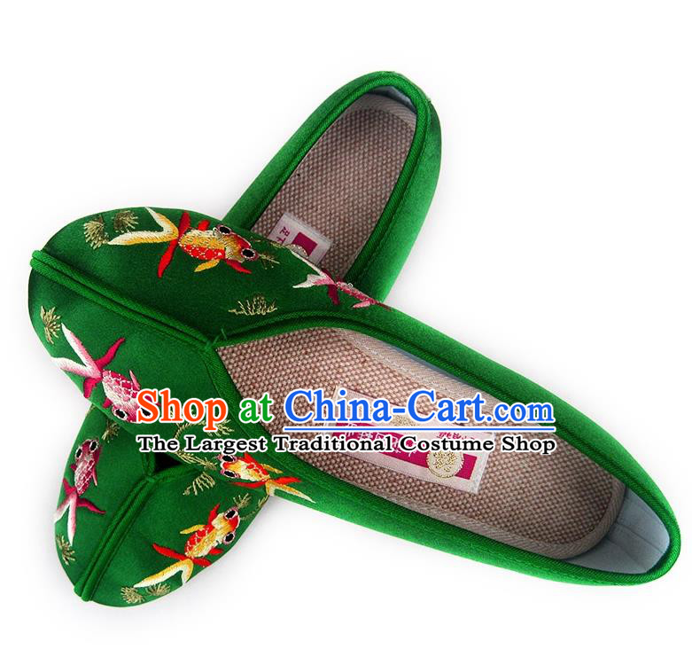 China Embroidered Green Satin Shoes National Beijing Shoes Traditional Wedding Shoes