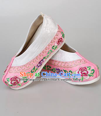 China Ancient Princess Pink Satin Shoes Traditional Peking Opera Diva Embroidered Peony Shoes