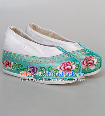 China Traditional Peking Opera Diva Embroidered Peony Shoes Ancient Princess Blue Satin Shoes