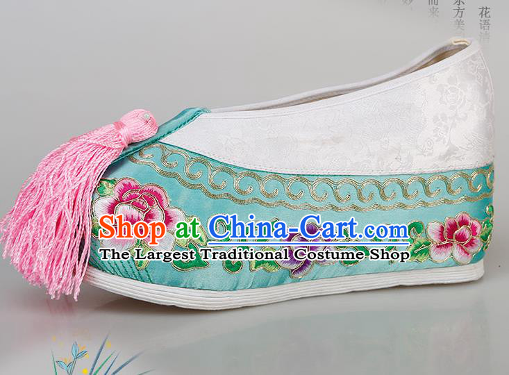 China Traditional Peking Opera Diva Embroidered Peony Shoes Ancient Princess Blue Satin Shoes