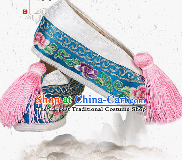 China Traditional Peking Opera Actress Embroidered Peony Shoes Ancient Rich Lady Blue Satin Shoes