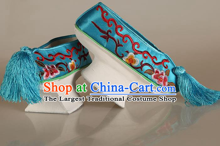 China Ancient Qing Dynasty Princess Blue Satin Shoes Traditional Peking Opera Hua Tan Embroidered Shoes