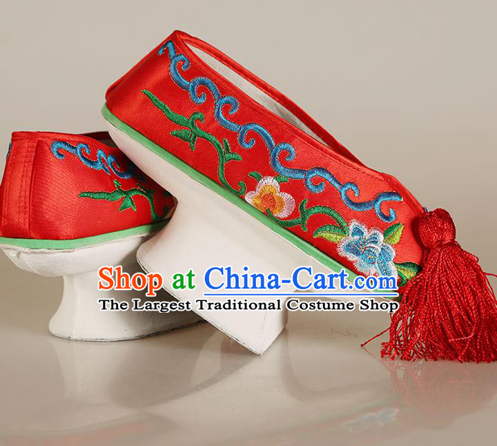 China Traditional Peking Opera Diva Embroidered Shoes Ancient Qing Dynasty Princess Red Satin Shoes