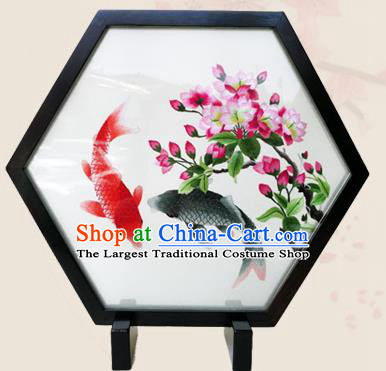 China Handmade Hexagon Blackwood Desk Decoration Traditional Suzhou Embroidered Begonia Carps Table Screen