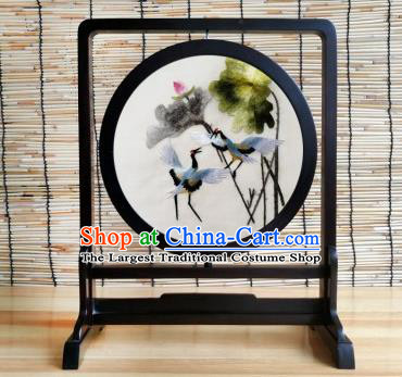 China Handmade Blackwood Craft Traditional Double Side Embroidered Crane Lotus Table Screen