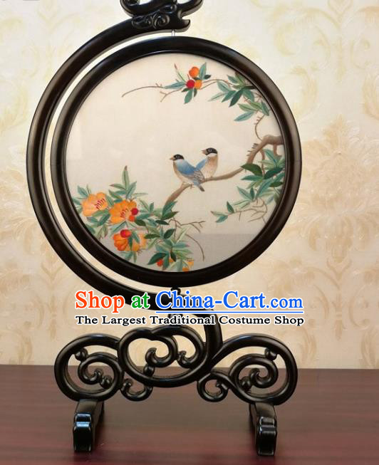 China Handmade Embroidery Silk Craft Traditional Embroidered Begonia Birds Table Screen Ornament