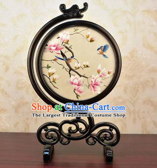 China Handmade Blackwood Desk Ornament Embroidery Silk Craft Traditional Embroidered Mangnolia Birds Table Screen