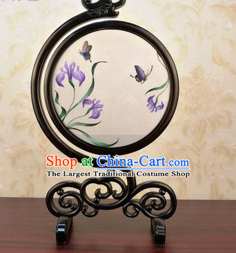 China Traditional Blackwood Carving Table Screen Handmade Embroidered Orchids Silk Craft