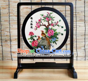 China Handmade Embroidery Craft Traditional Suzhou Embroidered Pheasant Peony Table Screen Ornament