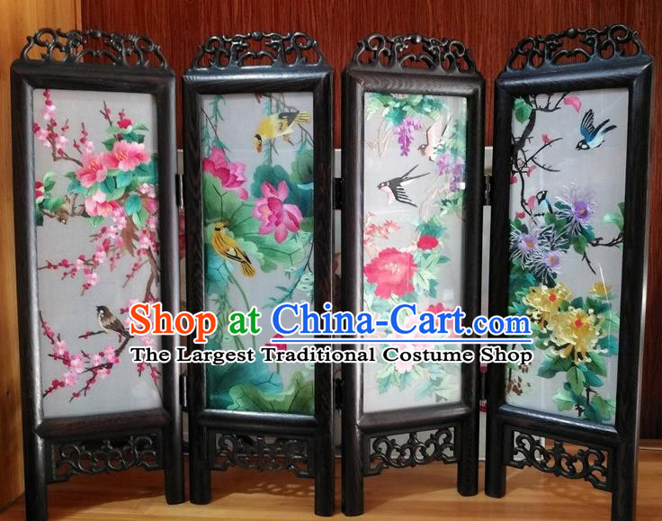 Chinese Embroidery Plum Lotus Peony Chrysanthemum Desk Ornaments Handmade Rosewood Carving Folding Screen