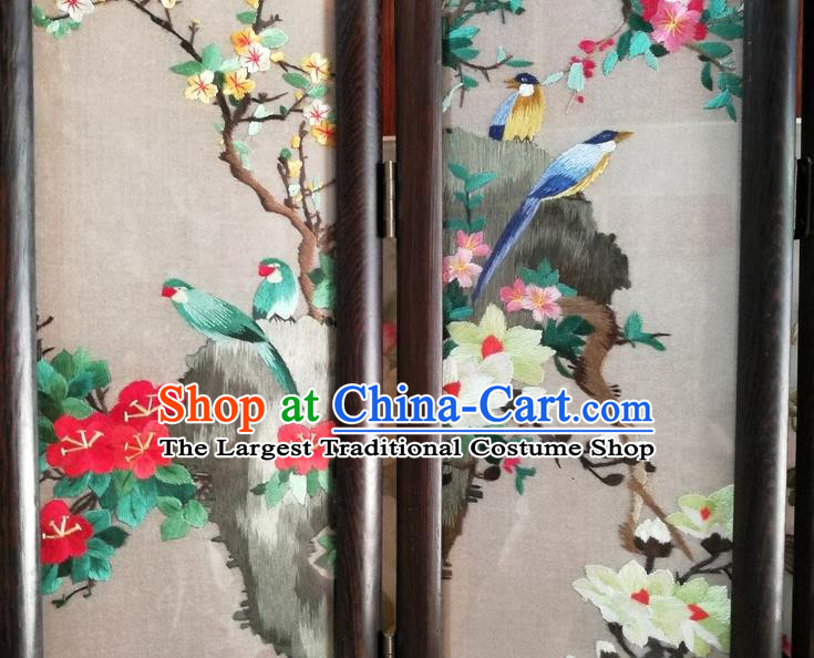 Chinese Handmade Rosewood Carving Folding Screen Embroidery Flowers Birds Desk Ornaments