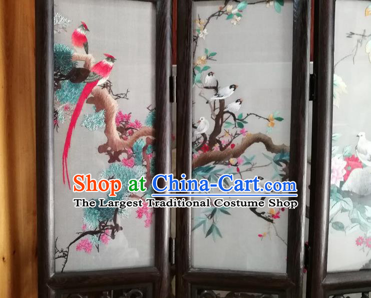 Chinese Suzhou Embroidery Birds Desk Ornaments Handmade Rosewood Folding Screen Craft