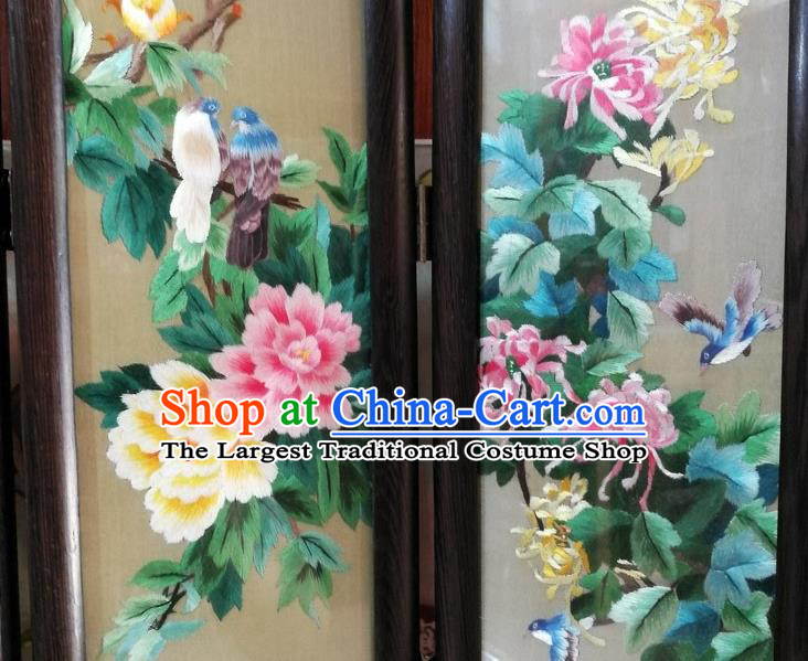 Chinese Handmade Rosewood Craft Folding Screen Suzhou Embroidery Plum Lotus Peony Chrysanthemum Desk Ornaments