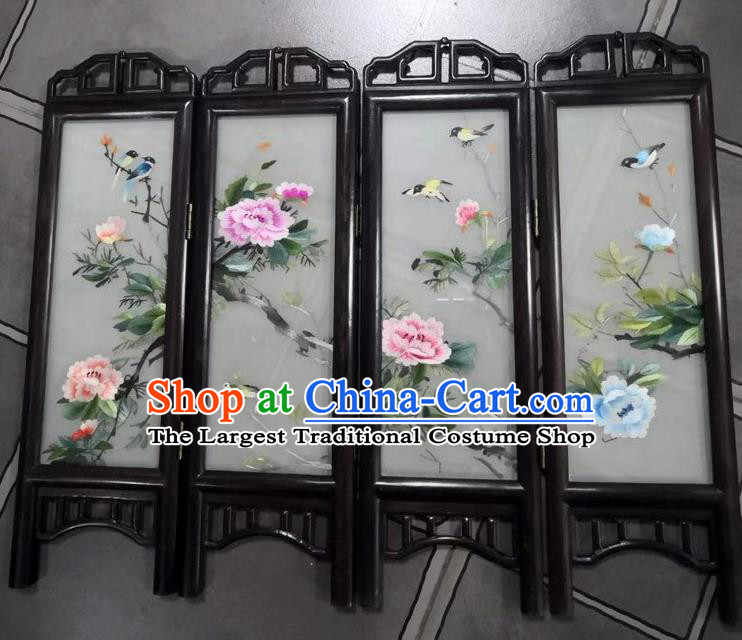 Chinese Suzhou Embroidery Peony Table Folding Screen Handmade Desk Ornaments Rosewood Craft