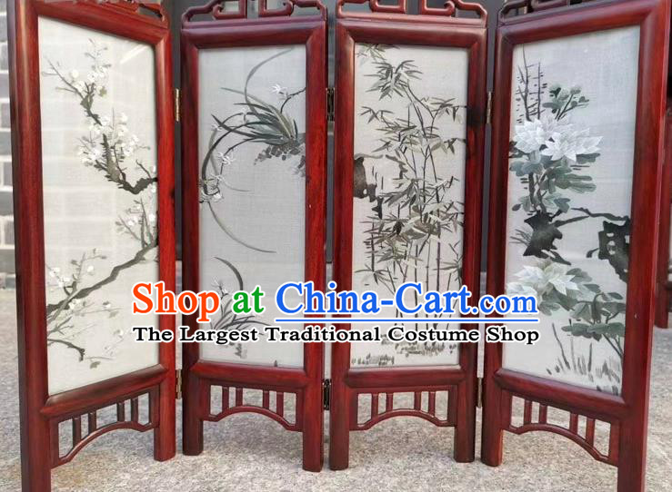 Chinese Handmade Rosewood Desk Folding Screen Double Side Embroidery Plum Blossom Orchids Bamboo Chrysanthemum Table Screen
