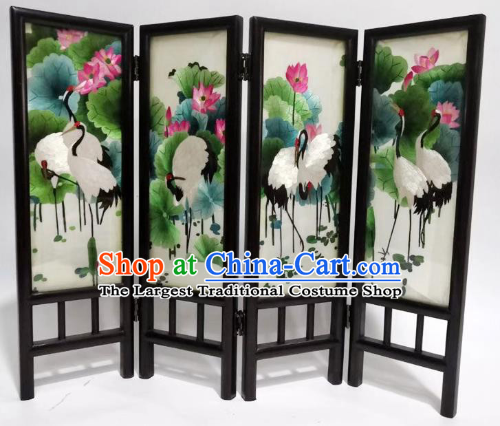 Chinese Handmade Desk Ornaments Blackwood Folding Screen Suzhou Embroidery Crane Lotus Table Screen Craft