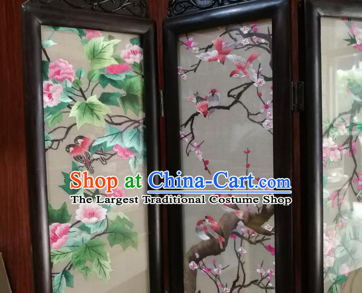 Chinese Suzhou Embroidered Flowers Birds Table Screen Blackwood Folding Screen Handmade Desk Decoration
