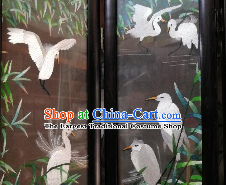 Chinese Handmade Desk Decoration Suzhou Embroidered Reed Cranes Table Screen Blackwood Folding Screen