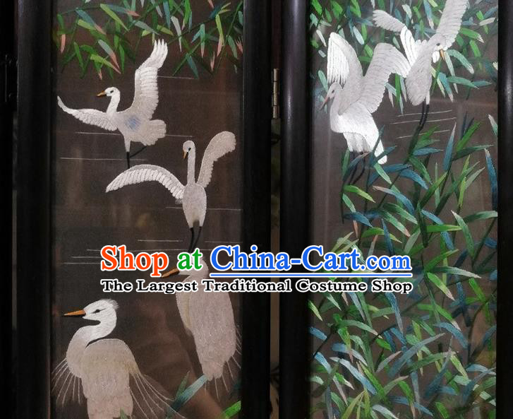 Chinese Handmade Desk Decoration Suzhou Embroidered Reed Cranes Table Screen Blackwood Folding Screen