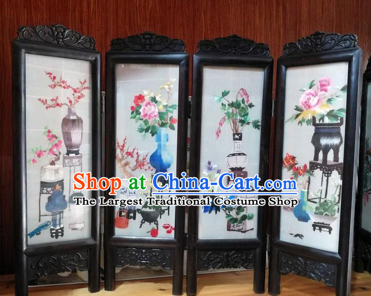 Chinese Traditional Blackwood Folding Screen Handmade Desk Decoration Suzhou Embroidered Flower Vase Table Screen