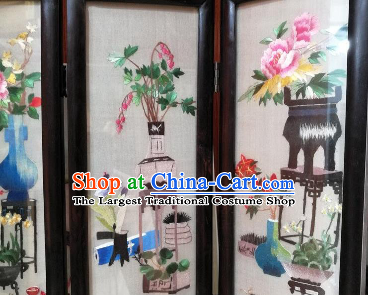 Chinese Traditional Blackwood Folding Screen Handmade Desk Decoration Suzhou Embroidered Flower Vase Table Screen