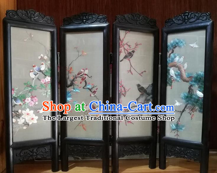 Chinese Suzhou Embroidered Table Screen Traditional Blackwood Folding Screen Handmade Desk Decoration
