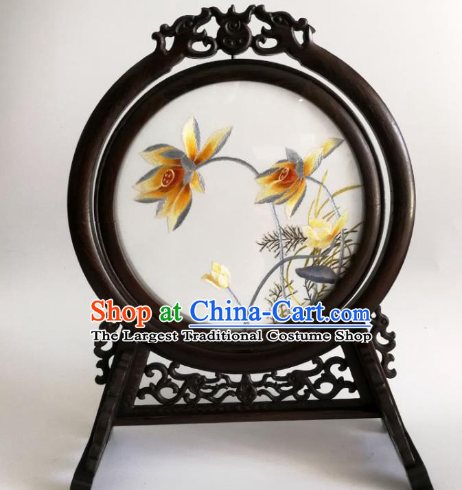 China Traditional Suzhou Embroidery Lotus Table Screen Handmade Wenge Carving Dragon Desk Ornament