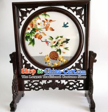 Chinese Embroidered Pear Blossom Table Screen Traditional Wenge Rotatable Screen Handmade Double Side Silk Screen