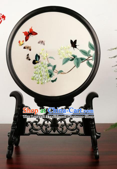 China Handmade Blackwood Table Screen Suzhou Embroidery Hydrangea Craft Double Side Silk Screen