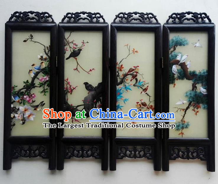 Chinese Handmade Wenge Byobu Folding Screen Double Side Embroidery Flowers Birds Table Screen