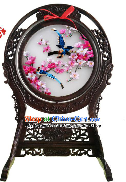 China Handmade Wenge Table Ornament Embroidered Plum Blossom Desk Screen Suzhou Double Side Embroidery Craft