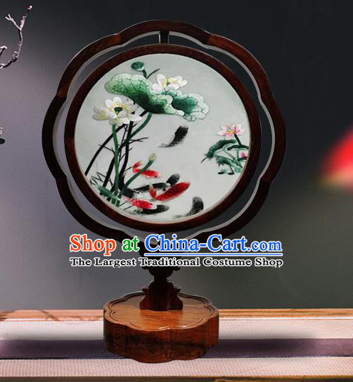 China Embroidered Lotus Desk Lamp Handmade Wood Carving Table Screen Lantern