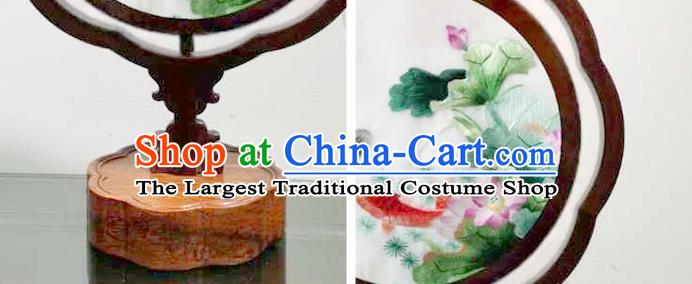 China Handmade Wood Carving Table Screen Lantern Embroidered Lotus Carps Desk Lamp