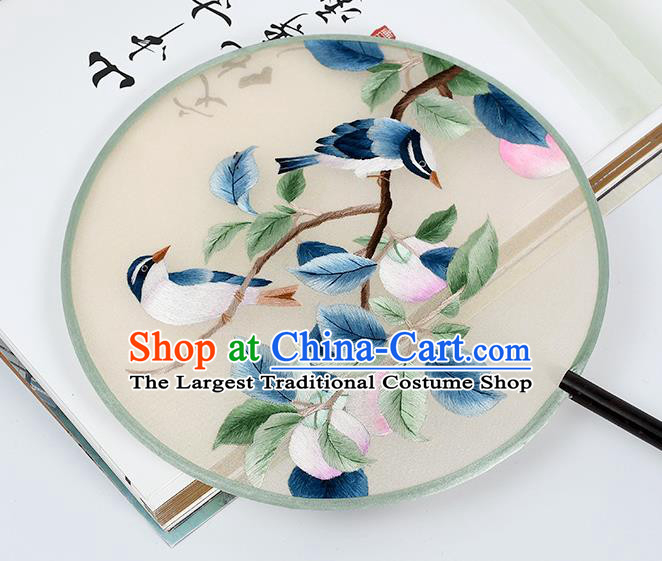 China Traditional Suzhou Embroidered Peach Birds Circular Fan Handmade Palace Fan Classical Dance Silk Fan
