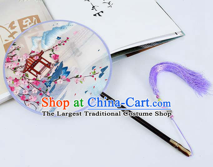 China Handmade Palace Fan Classical Dance Silk Fan Traditional Suzhou Embroidered Waterside Pavilion Circular Fan